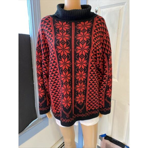 VTG 90s Michel Women S-L Fair Isle Agyle Knit Sweater Pullover RedBlack Holiday - Picture 9 of 9